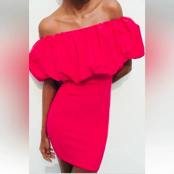 ZARA RASPBERRY OFF SHOULDER PINK MINI DRESS - Picture 10 of 10